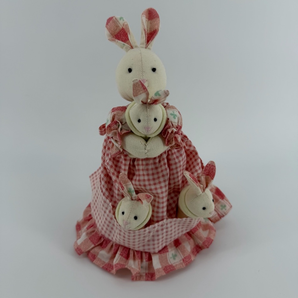 Vintage RUSS Luv Pets Mama Bunny with Triplets Pink Gingham Spring Easter Decor